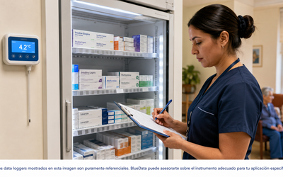 Sala de medicamentos de residencia de adultos mayores chilena con refrigerador de insulinas y data logger referencial de temperatura monitoreando cadena de frío