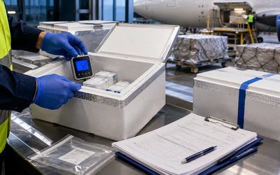 Data logger de temperatura siendo colocado en embalaje de exportación farmacéutica chilena para documentar cadena de frío GDP durante tránsito internacional