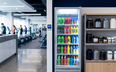 Refrigerador de batidos proteicos y góndola de suplementos en gimnasio chileno con data logger de temperatura y humedad monitoreando condiciones de almacenamiento