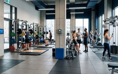 Sala de musculación de gimnasio chileno con data logger de temperatura y humedad monitoreando condiciones ambientales durante sesión de entrenamiento de alta concurrencia