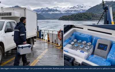 Camioneta refrigerada con medicamentos cruza un canal del sur de Chile en barcaza, con un data logger 4G dentro de una caja isotérmica con vacunas