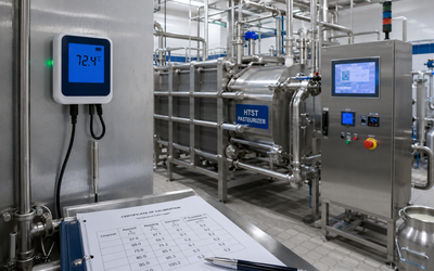 Data logger de temperatura instalado en pasteurizador HTST de planta láctea chilena monitoreando proceso de pasteurización como Punto Crítico de Control HACCP