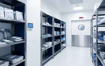 Almacenamiento de implantes y prótesis quirúrgicas estériles en hospital chileno con data logger de temperatura y humedad monitoreando condiciones cerca de pabellón