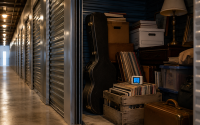 Unidad de self-storage abierta con instrumentos musicales y colecciones almacenadas junto a data logger de temperatura y humedad monitoreando condiciones ambientales