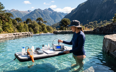 Técnico midiendo parámetros de calidad del agua en poza termal chilena con medidor de pH, cloro y data logger de temperatura para gestión integral de calidad