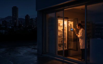 Farmacia chilena durante el apagón nacional de febrero 2025 con data logger de temperatura alertando sobre riesgo en medicamentos termolábiles sin refrigeración