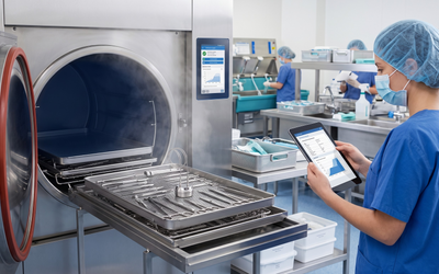 Técnico de esterilización revisando validación de temperatura de autoclave con data logger posicionado en instrumental quirúrgico en establecimiento de salud chileno