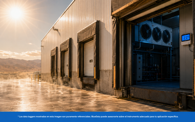 Bodega de refrigeración chilena bajo intenso calor exterior con data logger referencial de temperatura monitoreando sistema de frío bajo presión climática creciente