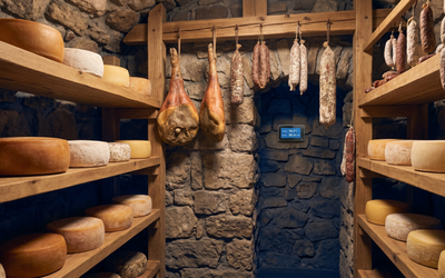 Cava de maduración de quesos y embutidos en restaurante gourmet chileno con data logger de temperatura y humedad monitoreando condiciones de fermentación controlada
