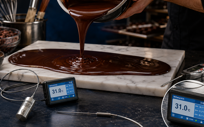 Panadero artesanal trabajando chocolate temperado con data logger MadgeTech mostrando temperatura de trabajo de 31°C en taller de panadería chilena