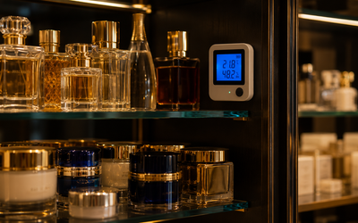 Perfumes y cosméticos de alta gama en estante de distribución chilena con data logger de temperatura monitoreando condiciones de almacenamiento para preservar fórmula original