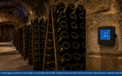 Bodega de vino espumante método tradicional chilena con botellas en pupitres y data logger referencial de temperatura monitoreando crianza sobre lías