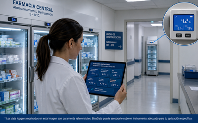 Farmacéutico revisando dashboard de monitoreo centralizado de temperatura con data loggers referenciales en múltiples refrigeradores de farmacia hospitalaria chilena