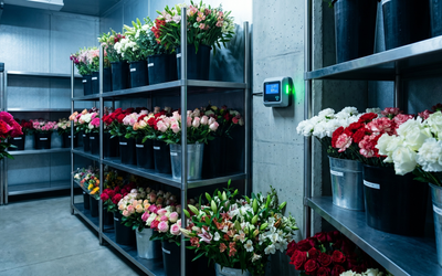 Cámara de frío de floristería chilena con rosas y flores de corte organizadas y data logger de temperatura monitoreando condiciones de almacenamiento