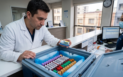 Recepción de muestras clínicas en laboratorio chileno con data logger de temperatura verificando condiciones de transporte antes de aceptar las muestras para análisis