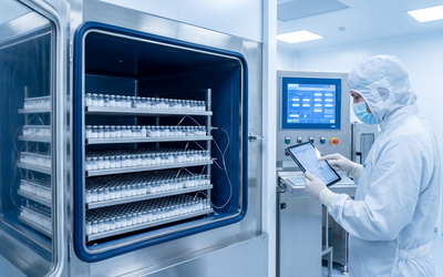Viales farmacéuticos en estantes de liofilizador con sensores de temperatura data logger insertados para monitoreo de temperatura del producto durante validación de ciclo GMP