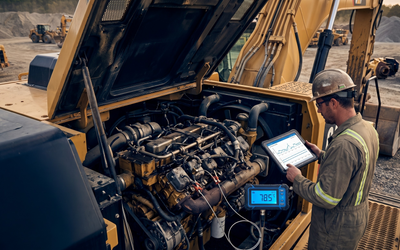 Técnico revisando historial de temperatura de motor de maquinaria pesada con data logger instalado para respaldar reclamo de garantía de fabricante en Chile