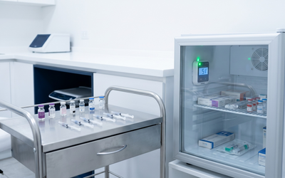 Refrigerador de productos médicos estéticos con data logger de temperatura instalado en clínica estética chilena para monitoreo de cadena de frío de rellenos y toxina botulínica