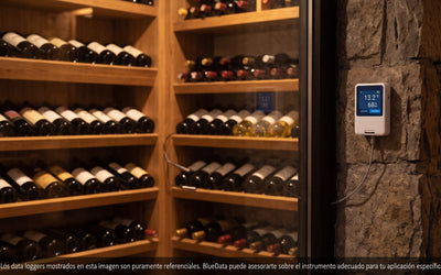 Cava de vinos de un restaurante con botellas en racks de madera y un registrador de temperatura y humedad junto a la puerta de vidrio.
