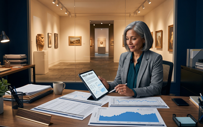 Curador de museo chileno revisando facility report con registros históricos de temperatura y humedad de salas de exhibición para préstamo internacional de obras de arte