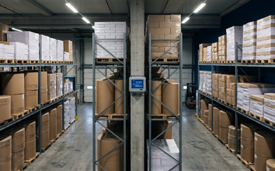 Data logger de temperatura y humedad instalado en bodega de papel y cartón de empresa gráfica chilena monitoreando condiciones de almacenamiento de materiales