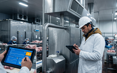 Inspector de inocuidad alimentaria revisando datos de temperatura y humedad en planta de procesamiento de alimentos con condensación visible como señal de control ambiental deficiente