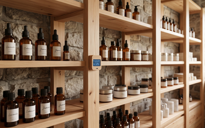 Bodega de productos premium de spa de hotel chileno con aceites esenciales y data logger de temperatura monitoreando condiciones de almacenamiento