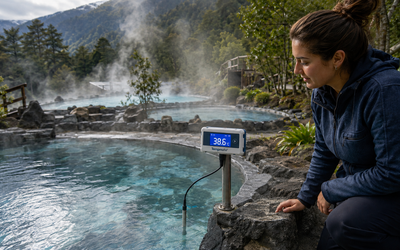 Data logger MadgeTech con sonda sumergible midiendo temperatura del agua en poza termal de complejo turístico chileno para gestión operacional y cumplimiento SEREMI